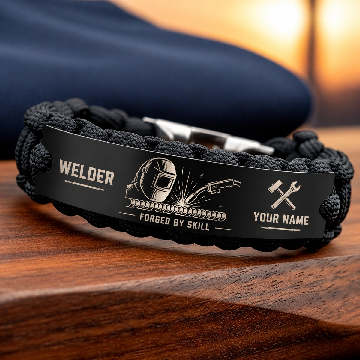 Personalized welder braided bracelet with crew bond occupational artwork.