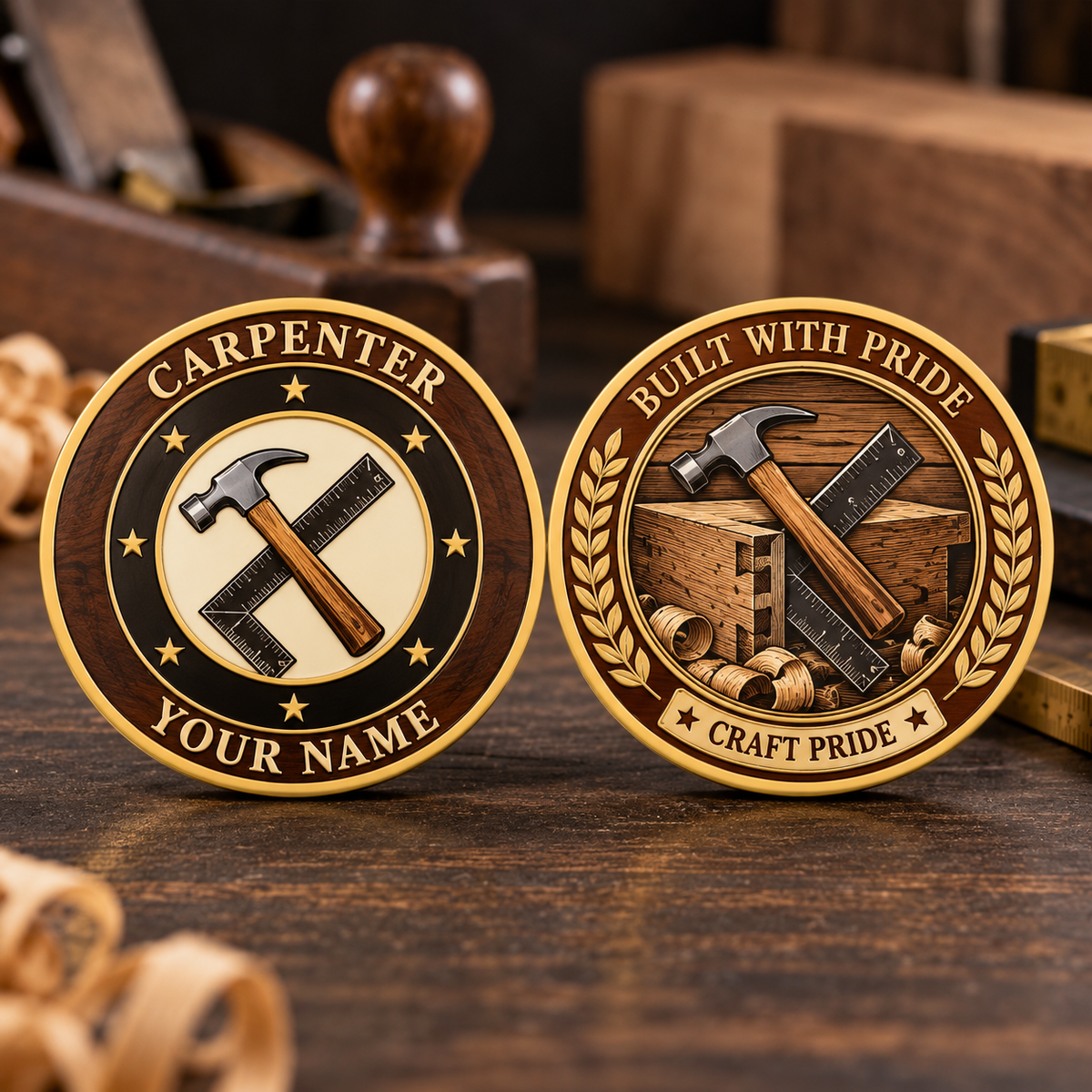 Personalized carpenter challenge coin with heritage tribute occupational artwork.