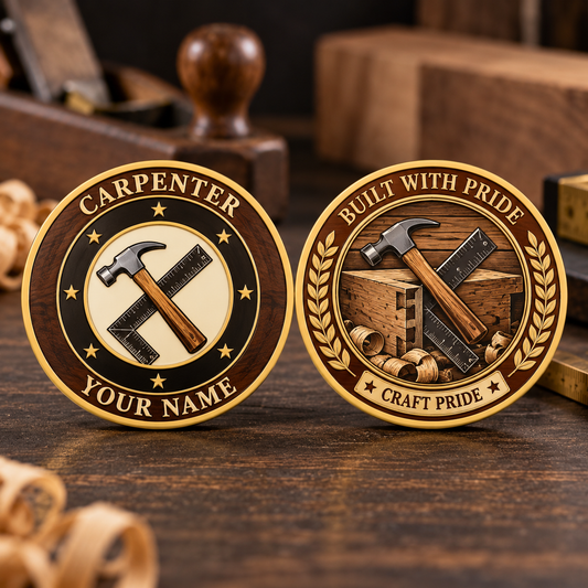 Personalized carpenter challenge coin with heritage tribute occupational artwork.