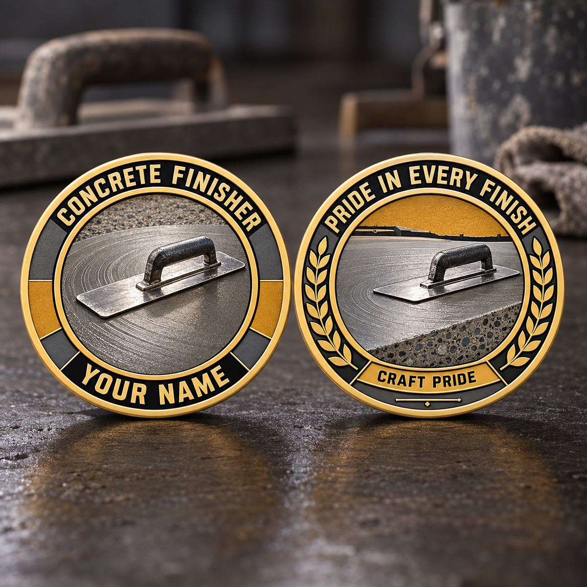 Personalized concrete finisher challenge coin with heritage tribute occupational artwork.