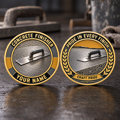 Personalized concrete finisher challenge coin with heritage tribute occupational artwork.