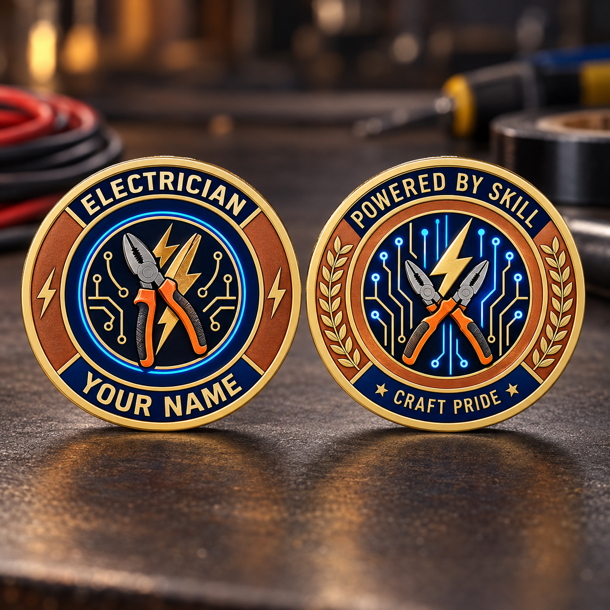 Personalized electrician challenge coin with heritage tribute occupational artwork.