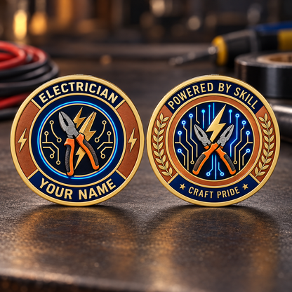 Personalized electrician challenge coin with heritage tribute occupational artwork.