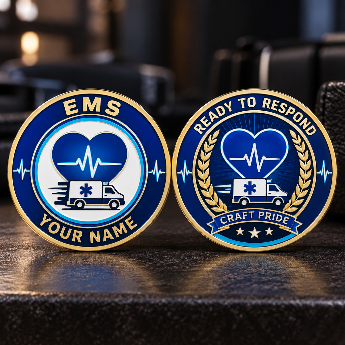 Personalized ems challenge coin with heritage tribute occupational artwork.