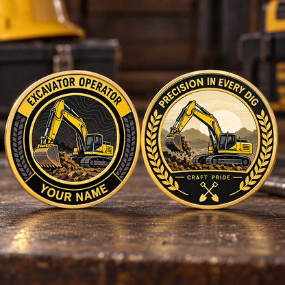 Personalized excavator operator challenge coin with heritage tribute occupational artwork.