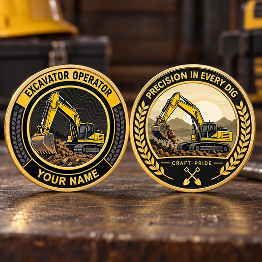 Personalized excavator operator challenge coin with heritage tribute occupational artwork.
