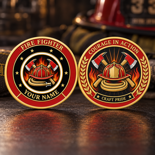 Personalized fire fighter challenge coin with heritage tribute occupational artwork.