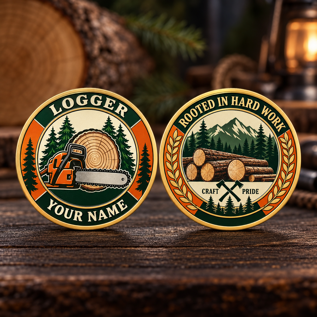 Personalized logger challenge coin with heritage tribute occupational artwork.