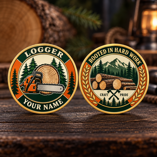 Personalized logger challenge coin with heritage tribute occupational artwork.