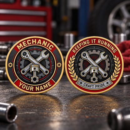 Personalized mechanic challenge coin with heritage tribute occupational artwork.