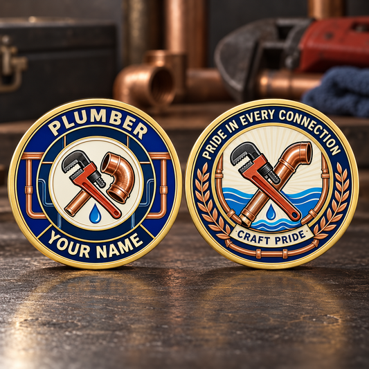Personalized plumber challenge coin with heritage tribute occupational artwork.