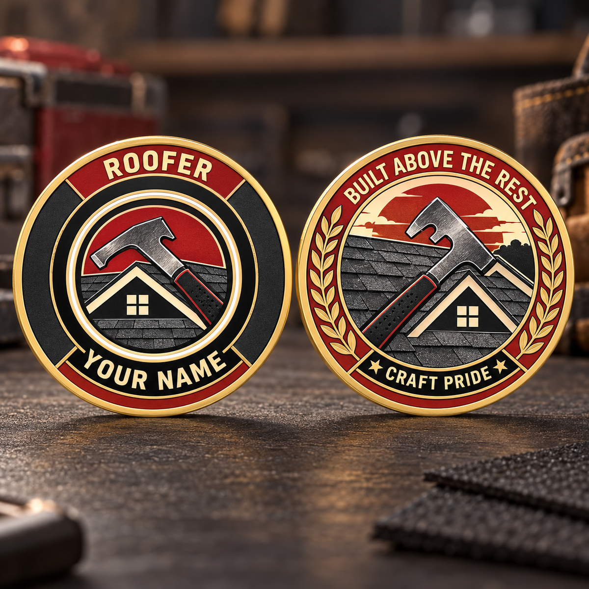 Personalized roofer challenge coin with heritage tribute occupational artwork.