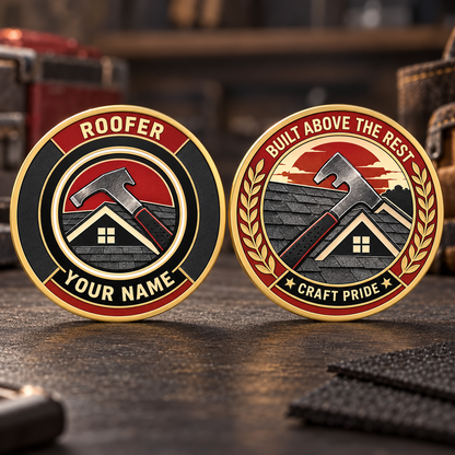 Personalized roofer challenge coin with heritage tribute occupational artwork.