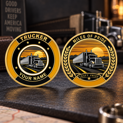 Personalized trucker challenge coin with heritage tribute occupational artwork.