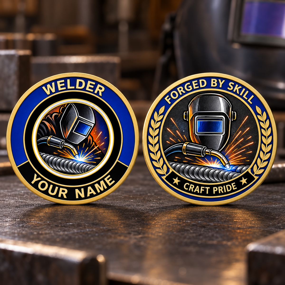 Personalized welder challenge coin with heritage tribute occupational artwork.