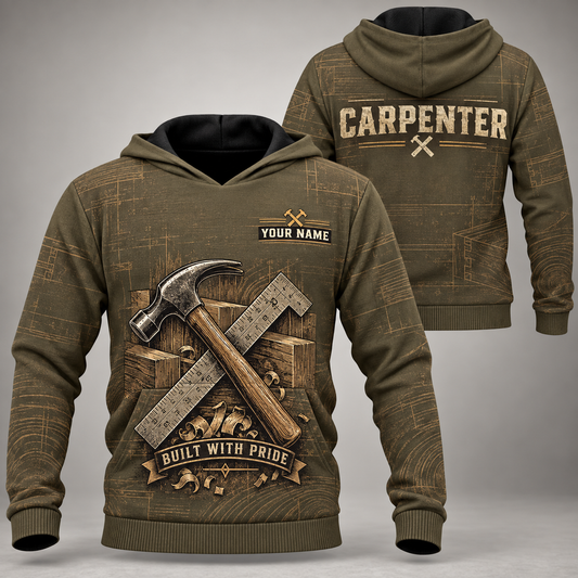 Personalized carpenter hoodie with crew silhouette occupational artwork.
