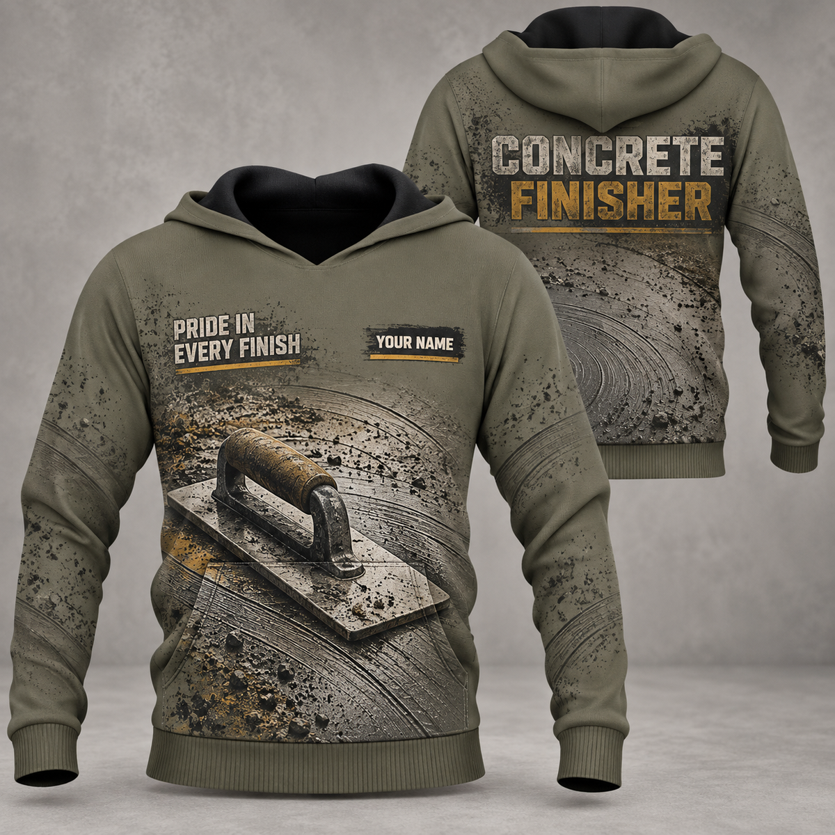 Personalized concrete finisher hoodie with crew silhouette occupational artwork.