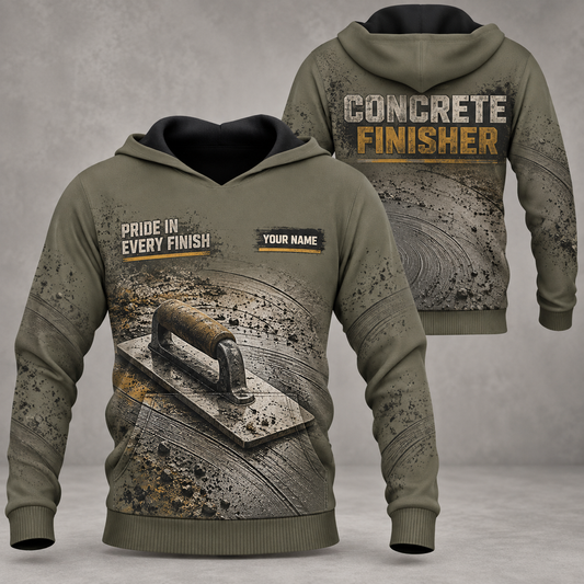 Personalized concrete finisher hoodie with crew silhouette occupational artwork.