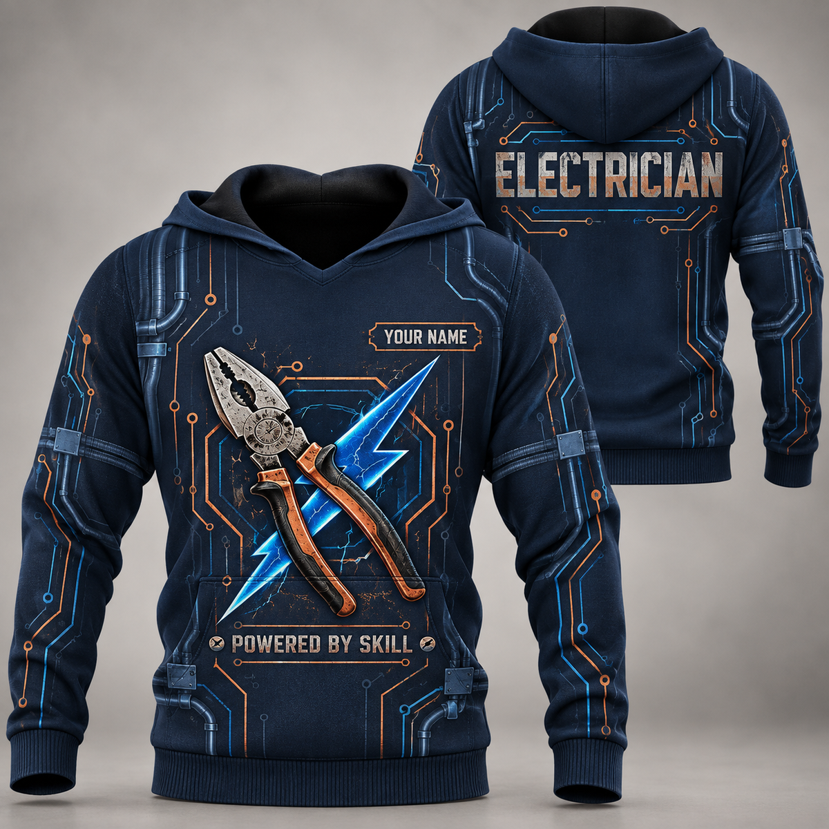 Personalized electrician hoodie with crew silhouette occupational artwork.