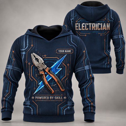 Personalized electrician hoodie with crew silhouette occupational artwork.