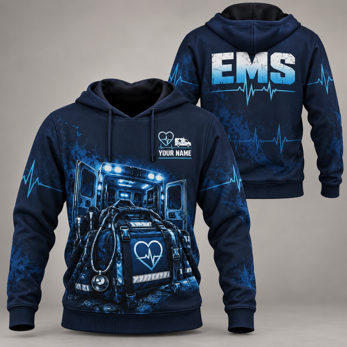 Personalized ems hoodie with crew silhouette occupational artwork.