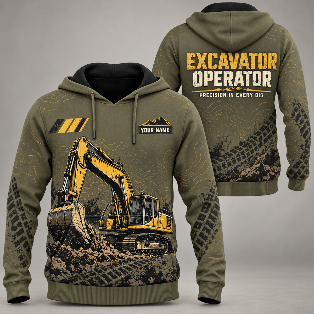 Personalized excavator operator hoodie with crew silhouette occupational artwork.