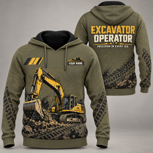 Personalized excavator operator hoodie with crew silhouette occupational artwork.