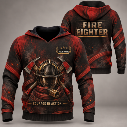 Personalized fire fighter hoodie with crew silhouette occupational artwork.