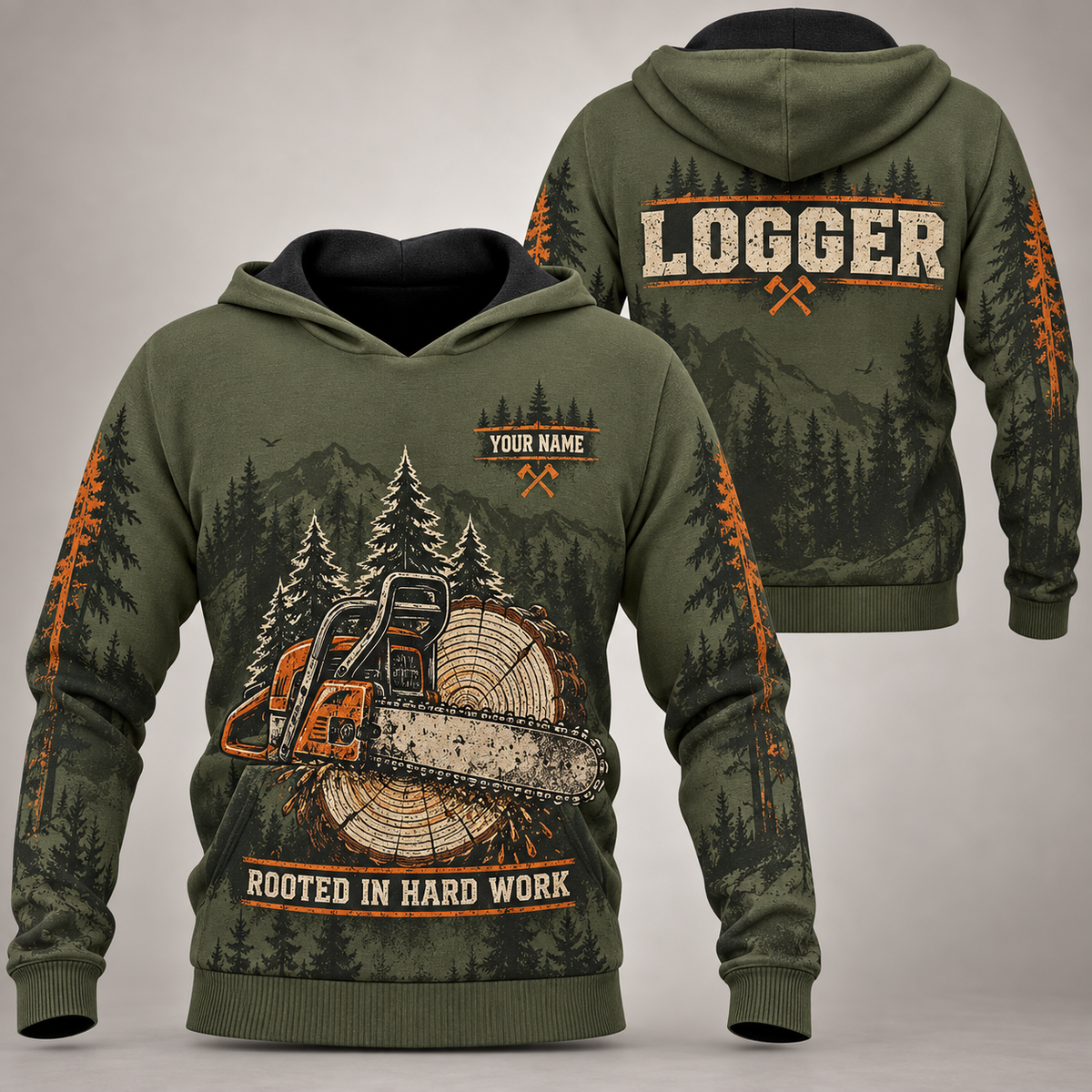 Personalized logger hoodie with crew silhouette occupational artwork.