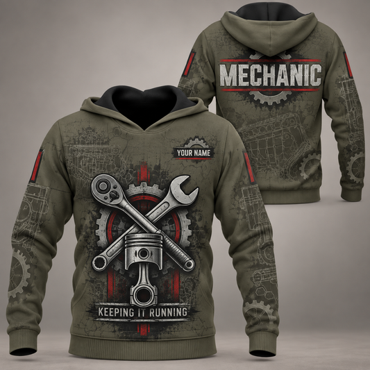 Personalized mechanic hoodie with crew silhouette occupational artwork.