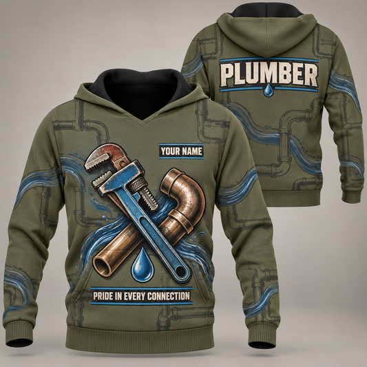 Personalized plumber hoodie with crew silhouette occupational artwork.