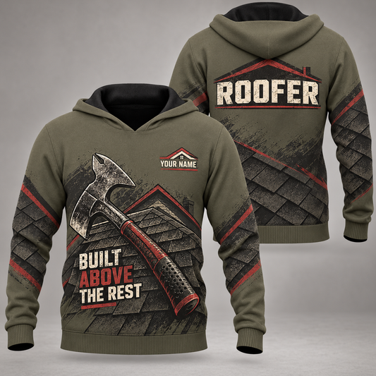 Personalized roofer hoodie with crew silhouette occupational artwork.
