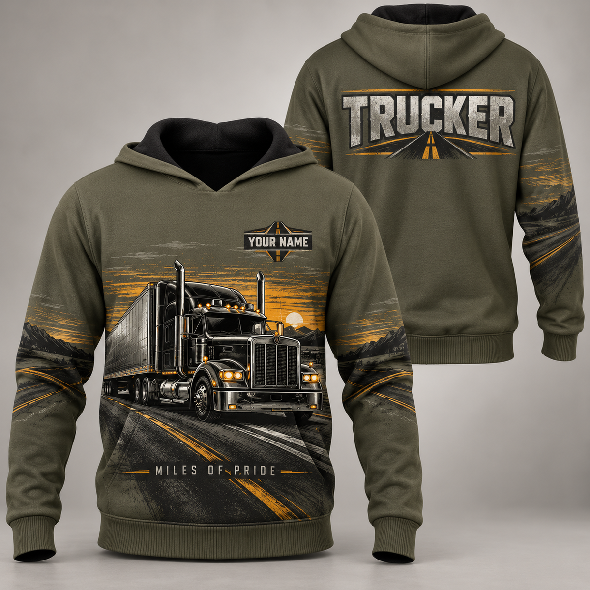 Personalized trucker hoodie with crew silhouette occupational artwork.