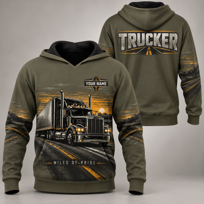 Personalized trucker hoodie with crew silhouette occupational artwork.