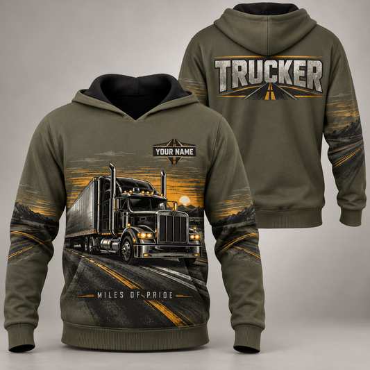 Personalized trucker hoodie with crew silhouette occupational artwork.