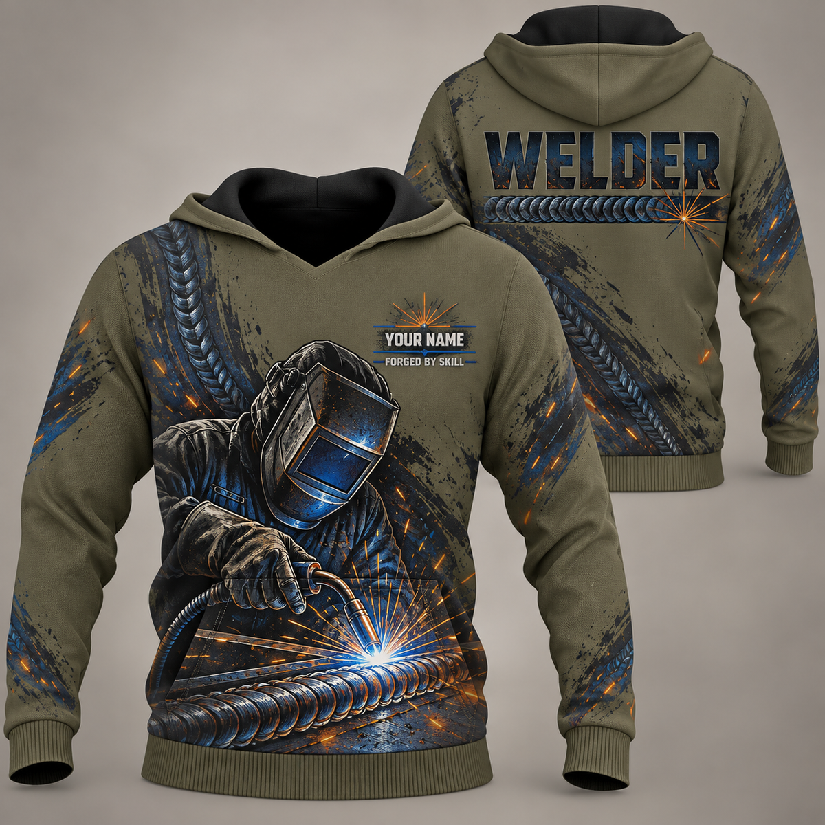 Personalized welder hoodie with crew silhouette occupational artwork.