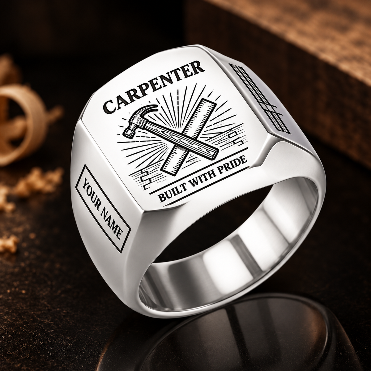 Personalized carpenter engraved signet ring with sunburst legacy occupational artwork.