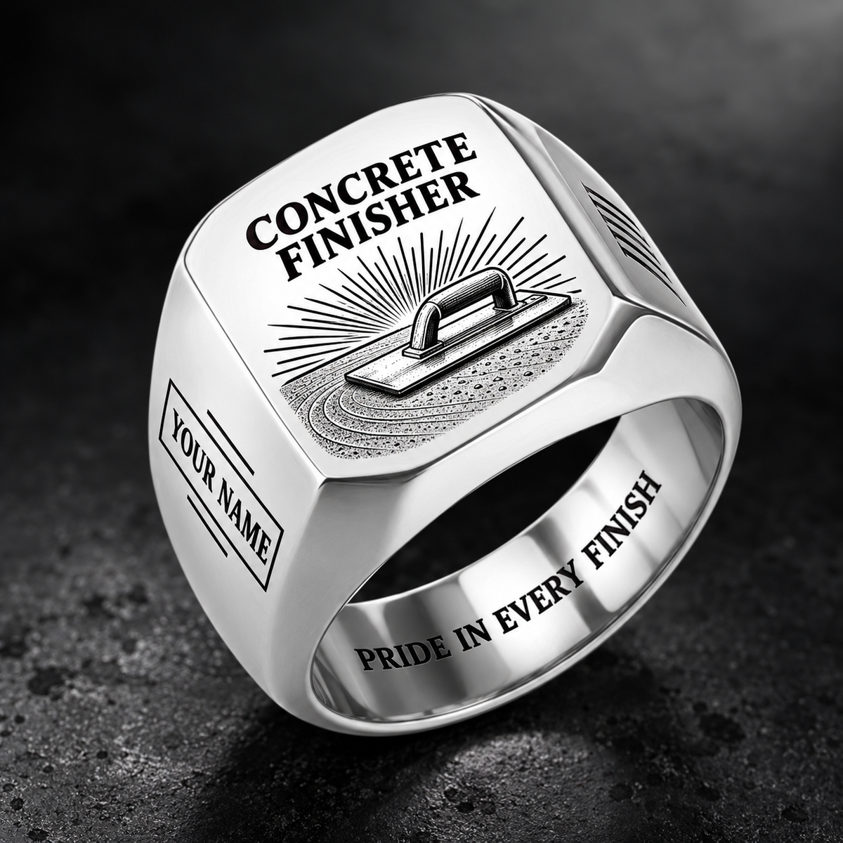 Personalized concrete finisher engraved signet ring with sunburst legacy occupational artwork.