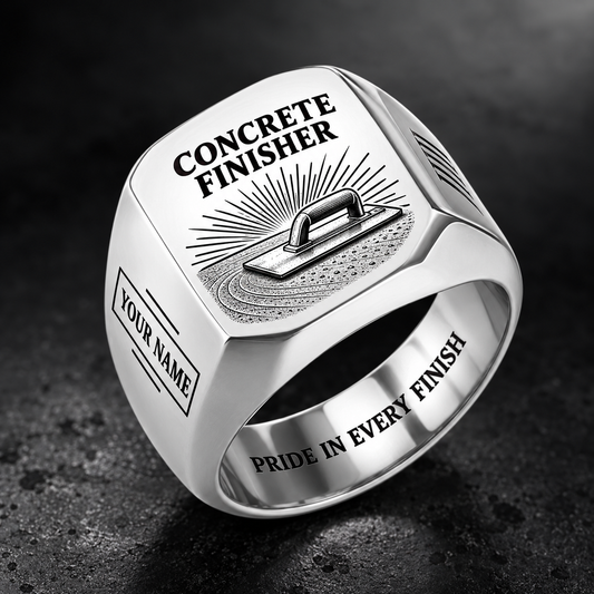 Personalized concrete finisher engraved signet ring with sunburst legacy occupational artwork.