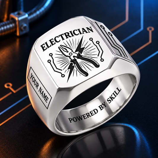 Personalized electrician engraved signet ring with sunburst legacy occupational artwork.