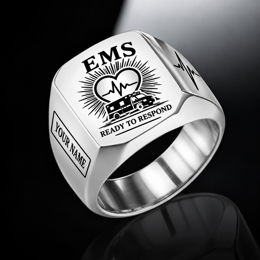 Personalized ems engraved signet ring with sunburst legacy occupational artwork.