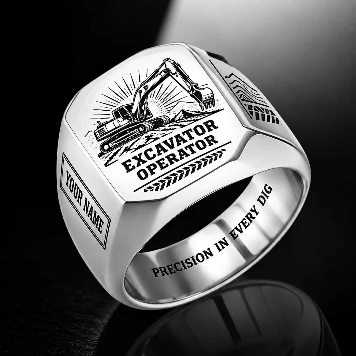 Personalized excavator operator engraved signet ring with sunburst legacy occupational artwork.