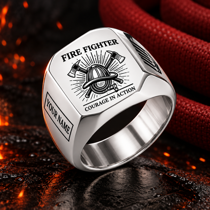 Personalized fire fighter engraved signet ring with sunburst legacy occupational artwork.