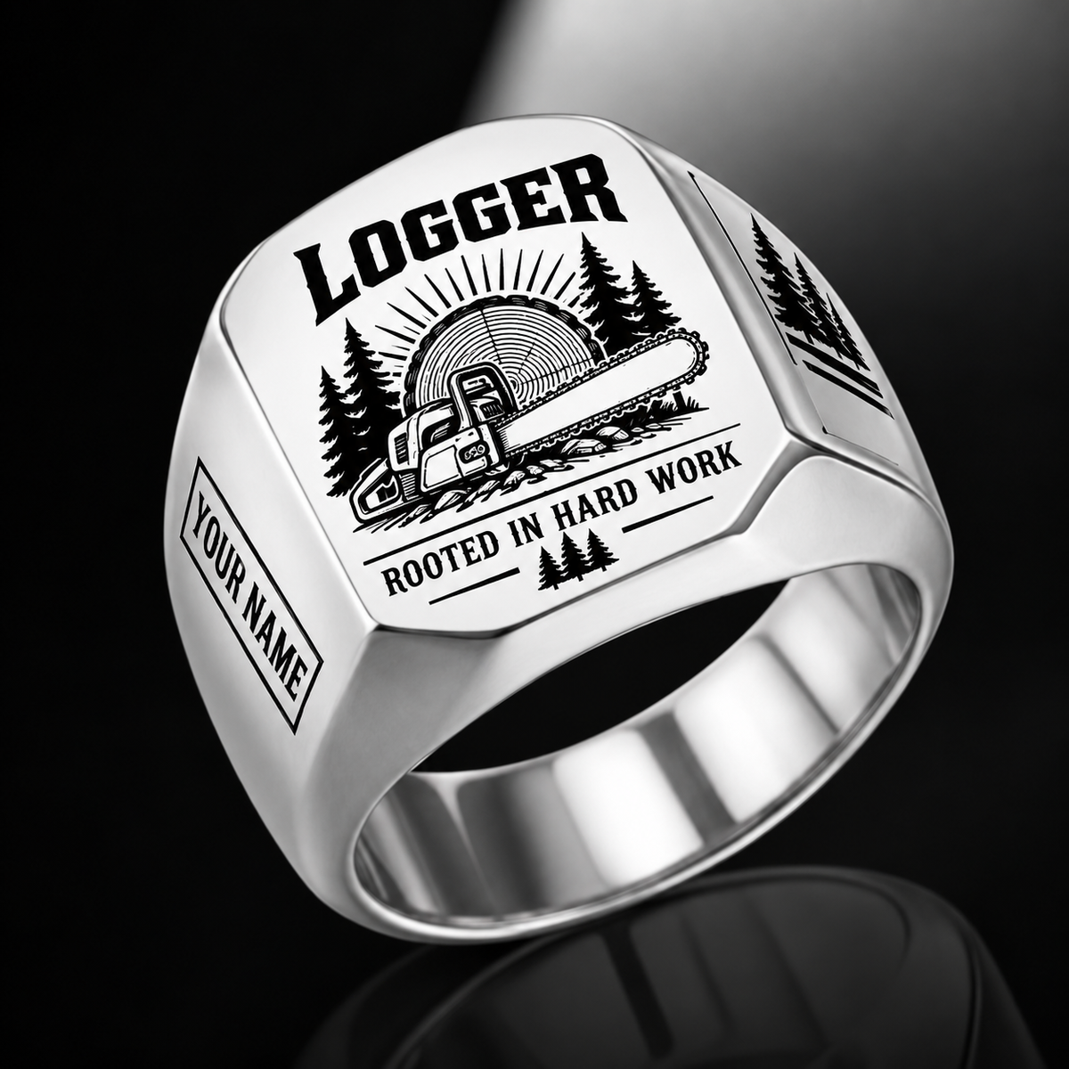 Personalized logger engraved signet ring with sunburst legacy occupational artwork.