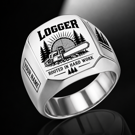Personalized logger engraved signet ring with sunburst legacy occupational artwork.