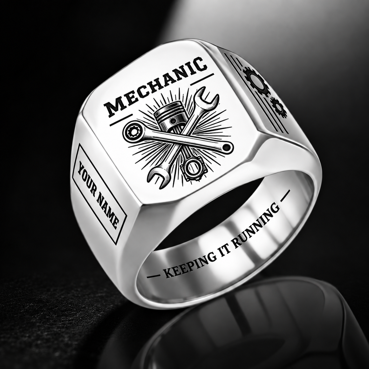 Personalized mechanic engraved signet ring with sunburst legacy occupational artwork.