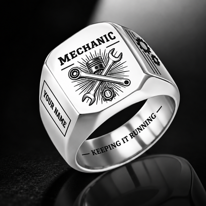 Personalized mechanic engraved signet ring with sunburst legacy occupational artwork.