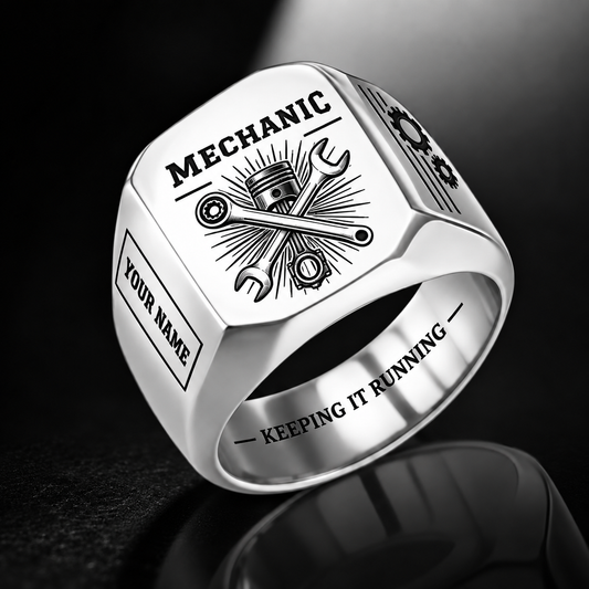 Personalized mechanic engraved signet ring with sunburst legacy occupational artwork.