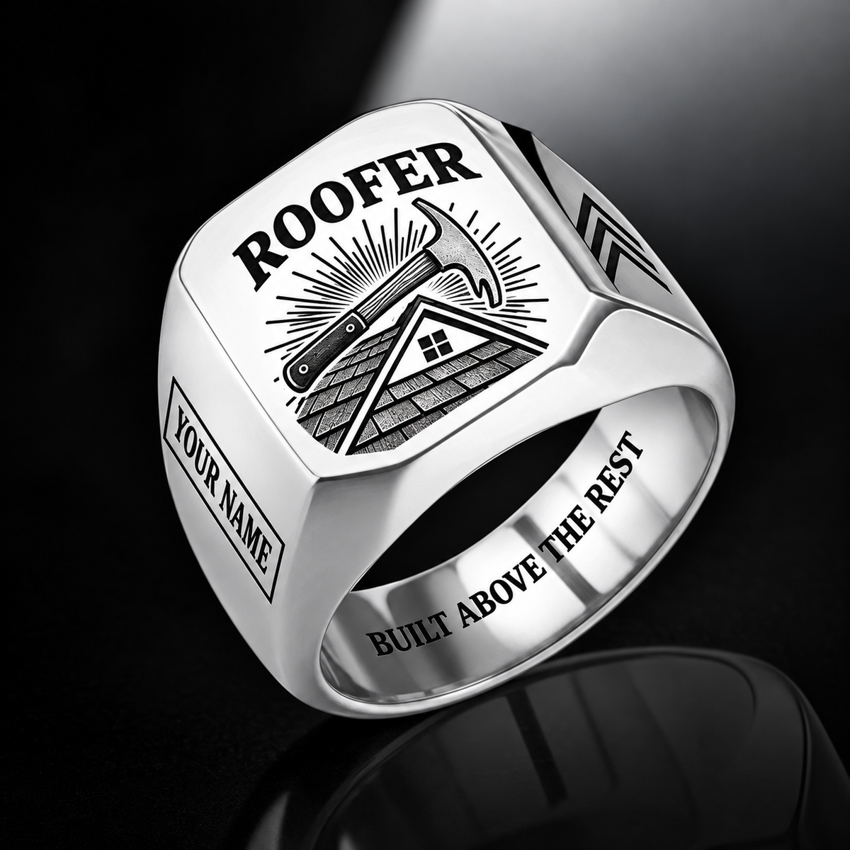 Personalized roofer engraved signet ring with sunburst legacy occupational artwork.