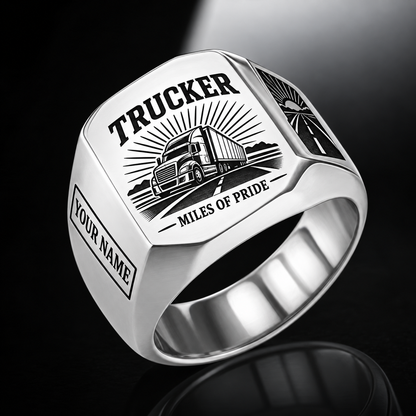Personalized trucker engraved signet ring with sunburst legacy occupational artwork.